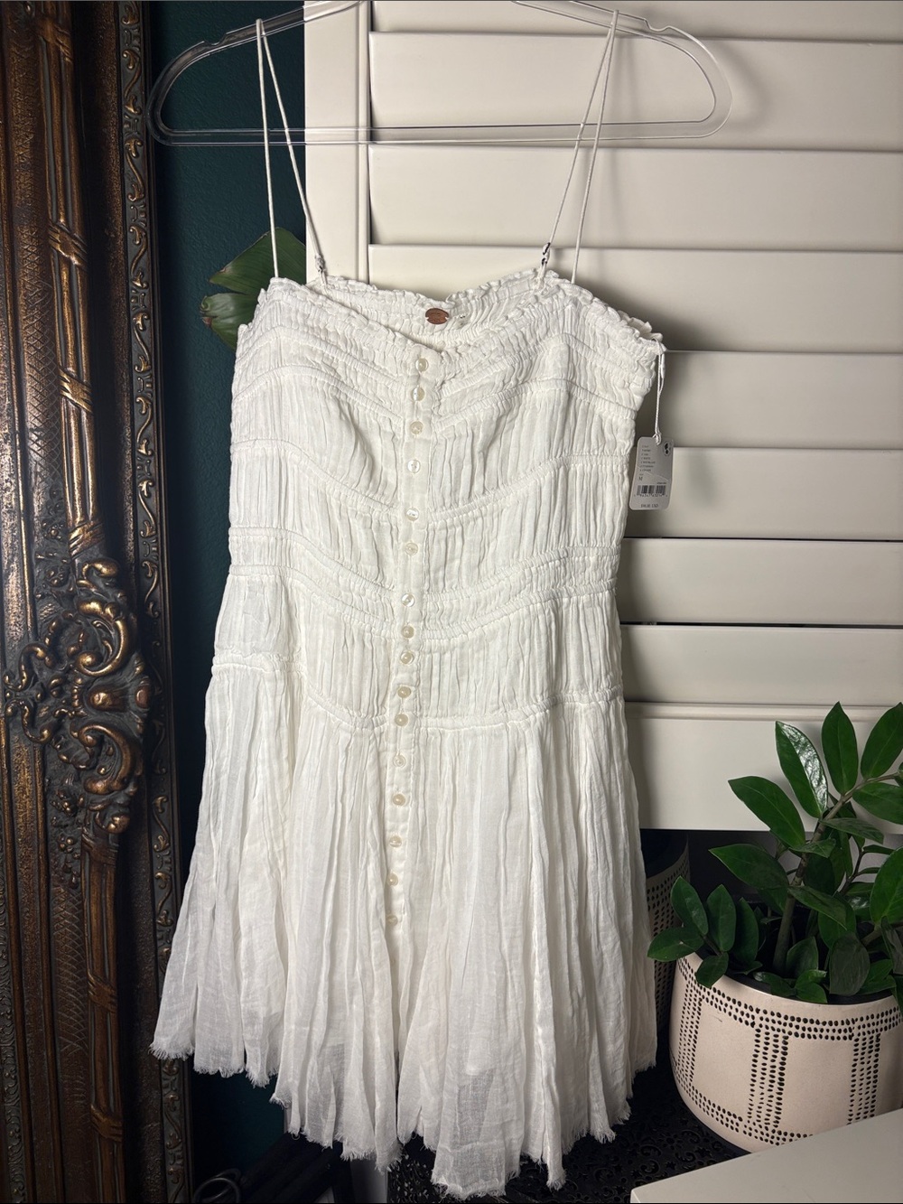 NWT Free People Boho Cottagecore White Smocked Button Front Mini Dress Size M